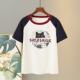 Gray retro raglan short-sleeved T-shirt for women in summer Hong Kong style large-size contrasting color round neck cat printed slim top