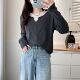 Large size contrasting color fake two-piece front shoulder nail button long sleeve T-shirt autumn 2024 new inner knitted base shirt top