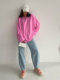 Pink loose stretch round neck long sleeve T-shirt European and American top Pink long-sleeved T-shirt