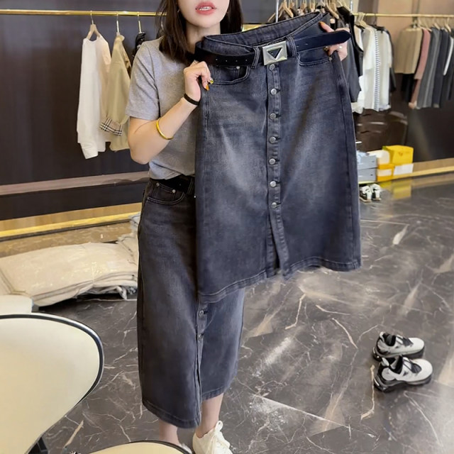 
Large size women's high waist slim without elastic straight half-body denim skirt summer new retro versatile slit hip-pack skirt