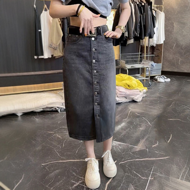 
Large size women's high waist slim without elastic straight half-body denim skirt summer new retro versatile slit hip-pack skirt