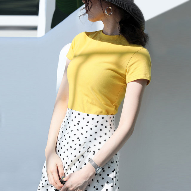 Black half-high neck short-sleeved T-shirt for women pure cotton versatile 2025 summer new solid color slim half-sleeved top ins trendy