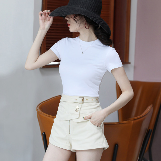 Black half-high neck short-sleeved T-shirt for women pure cotton versatile 2025 summer new solid color slim half-sleeved top ins trendy