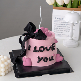 214 Valentine's Day Baking Cake Decoration Pink Cake Black Ribbon Sweet Love Card Table White Cake Plug-in