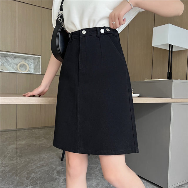 Large size black mid-skirt high-waist denim short skirt spring and autumn a-line skirt suitable for pear-shaped body slimming slit hip skirt
