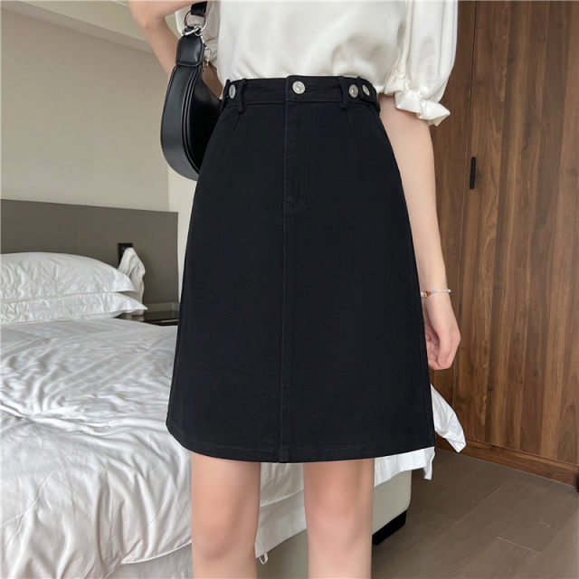 Large size black mid-skirt high-waist denim short skirt spring and autumn a-line skirt suitable for pear-shaped body slimming slit hip skirt
