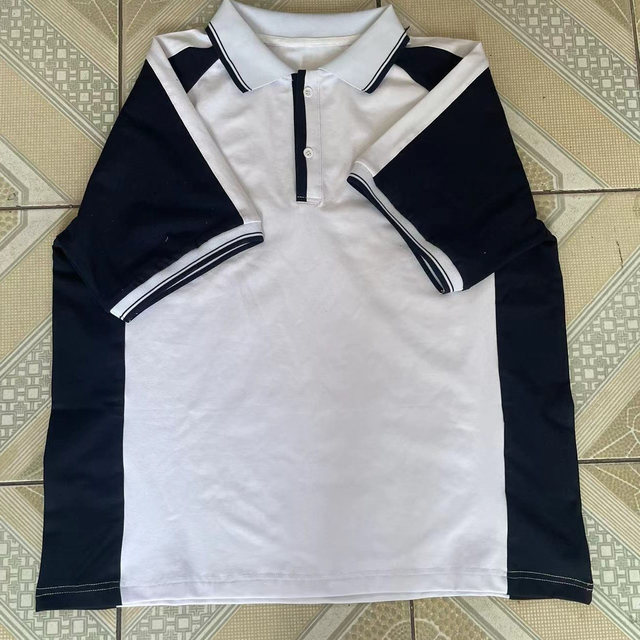 Customized summer men's and women's school uniforms same short-sleeved tops with white spliced ​​blue ragdoll sleeves lapel T-shirt POLO shirt
