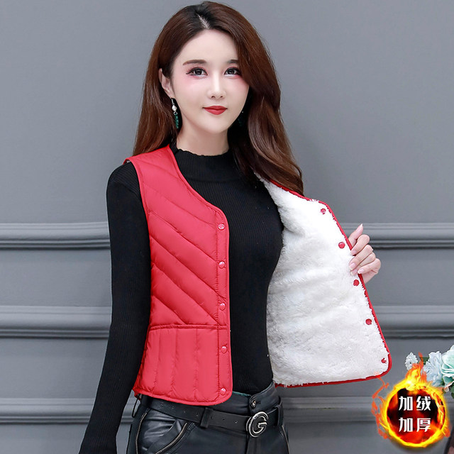 2024 autumn and winter new style down cotton vest for women plus velvet pony clip thickened thermal vest large size close-fitting waistcoat