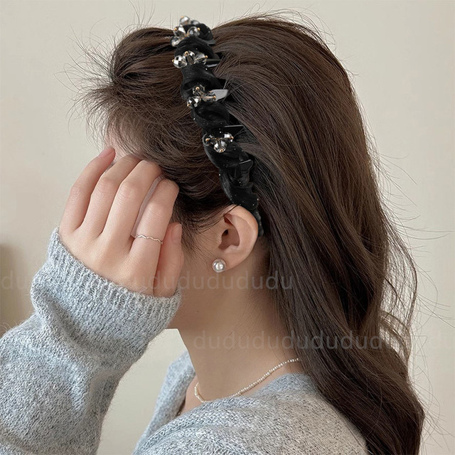 High cranium rhinestone headband for women retro black mesh high-end twist headband with toothed anti-slip hairpin for washing