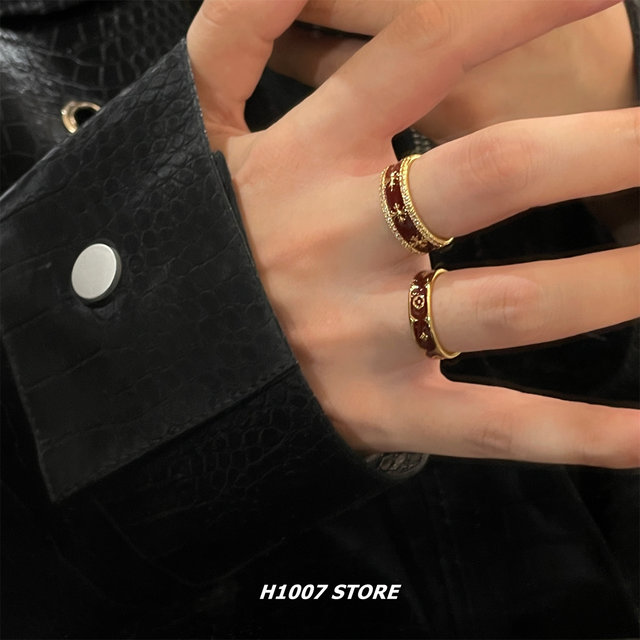 
Retro Crowe old flower wine red gold cross flower ring for women niche design men index finger ring new style new style ring new style