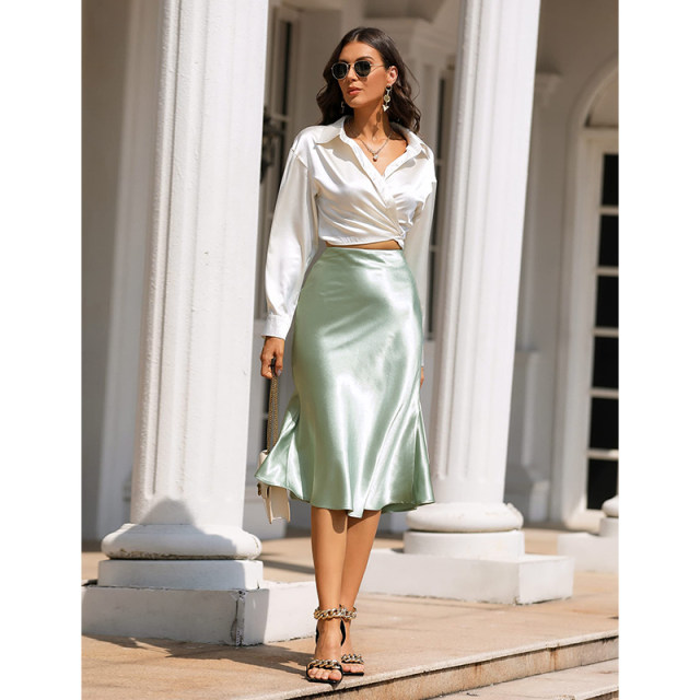 
Vanilla Green Elastic waist Three-acetic acid skirt for women gray silver short mid-length temperament commuting OL goddess umbrella skirt