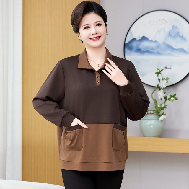 Middle-aged and elderly women's autumn long-sleeved top plus fat plus size 200 Jin [Jin equals 0.5 kg] Middle-aged women's fat mother's belly-covering T-shirt