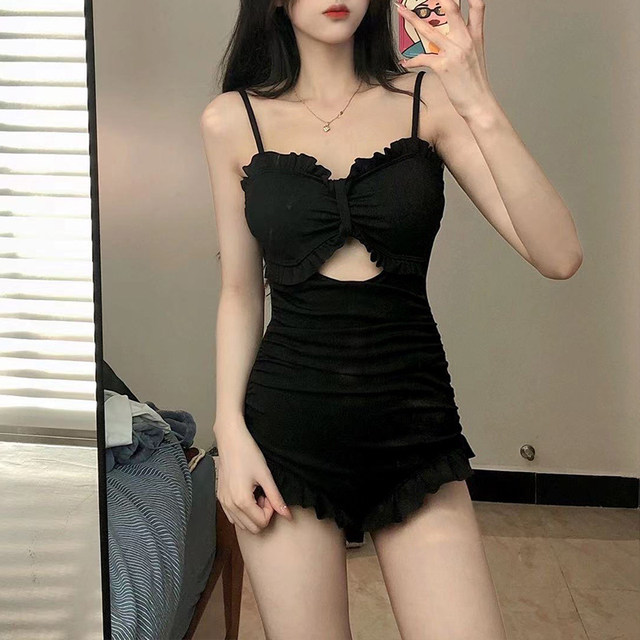 cicory black student long-sleeved swimsuit covering belly and making you look slim and conservative female conservative hot spring one-piece flat horn swimsuit female