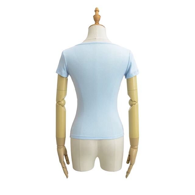 Light blue chest kink low V-neck short-sleeved T-shirt for women 2025 summer new hot girl slim fit slim pit top