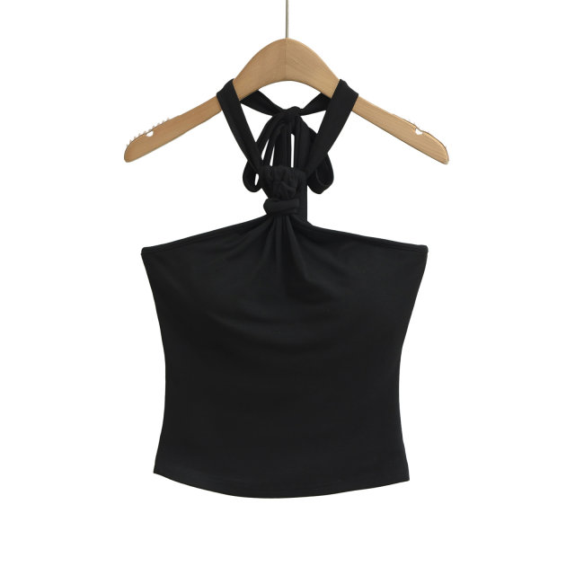 Pure sexy hot girl knotted halter neck black vest for women in summer new sleeveless chest pad backless slim strap