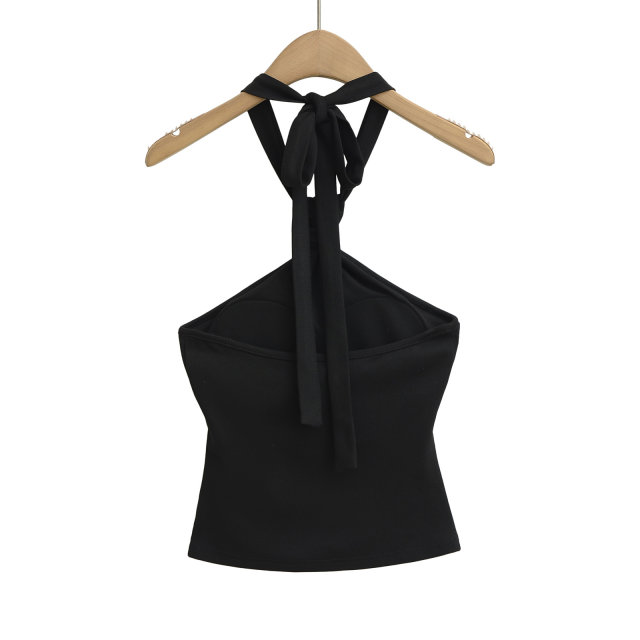 Pure sexy hot girl knotted halter neck black vest for women in summer new sleeveless chest pad backless slim strap