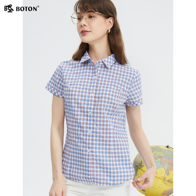 Borton 2025 summer short-sleeved red blue white plaid shirt women's American casual pure cotton high-end large-size shirt
