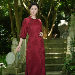 Bean Customization* Red Color Intoxia* New 40mm Mi Jacquard Silk Cloud yarn Slim Seven-Piece Sleeve Cheongsam Red