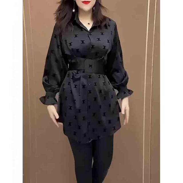 High-end black POLO collar printed shirt for women 2025 spring style waist-hugging and slimming mid-length casual and fashionable shirt