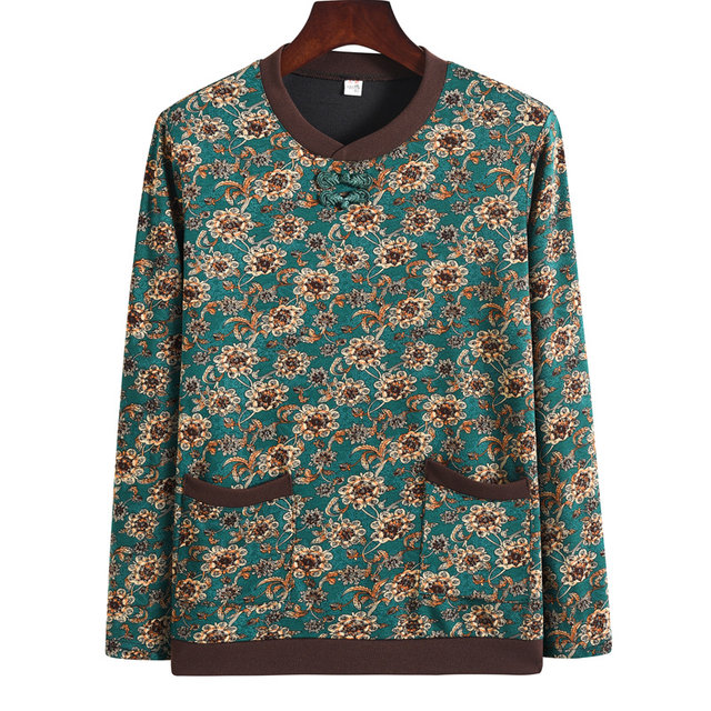 Large size middle-aged and elderly women's clothing spring and autumn floral long sleeve round neck fashionable fashionable base shirt mother's clothing middle-aged and elderly top
