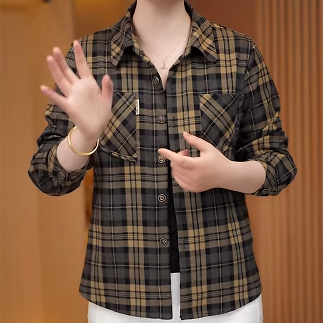 2025 new pure cotton plaid shirt middle-aged and elderly fashionable large-size long-sleeved shirt mother spring thin jacket