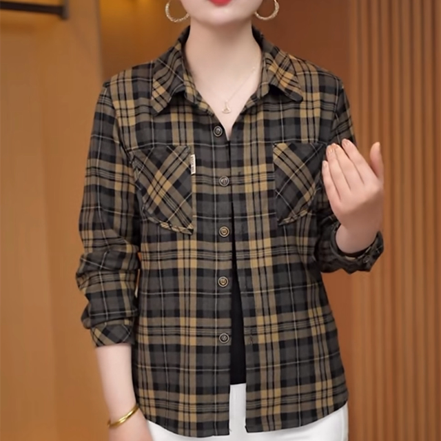 2025 new pure cotton plaid shirt middle-aged and elderly fashionable large-size long-sleeved shirt mother spring thin jacket