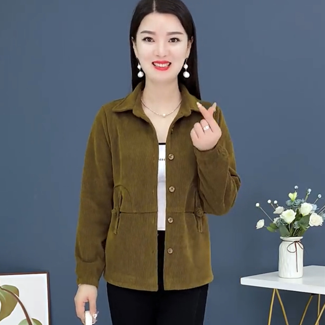 Middle-aged women's corduroy jacket plus velvet top mother's clothing autumn and winter long-sleeved cardigan middle-aged and elderly thick jacket
