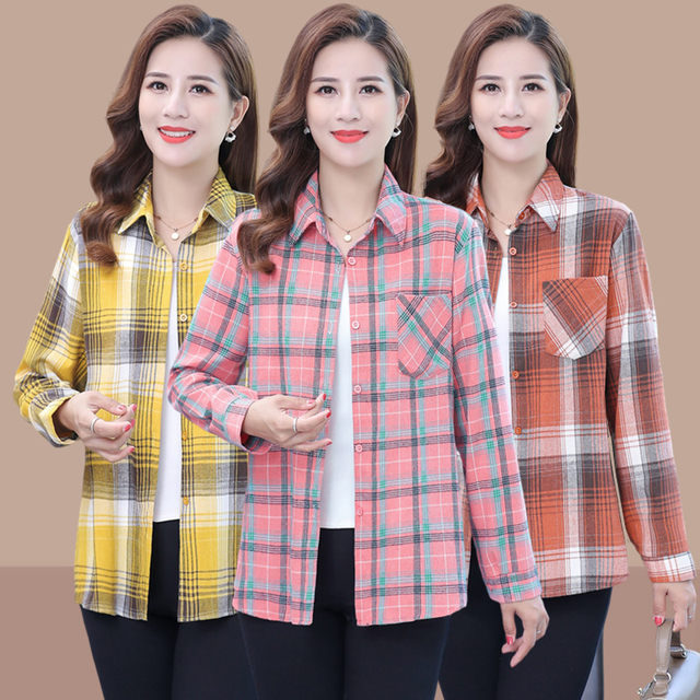 Spring and autumn new middle -aged and elderly women's large size grid shirt middle -aged people foreign lapel coat mothers pure cotton shirt