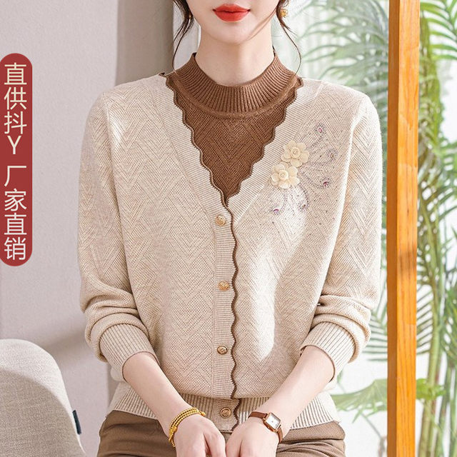 2025 new fake two-piece knitted sweater for middle-aged and elderly women, thickened velvet sweater, mother's winter wear, inner layering shirt