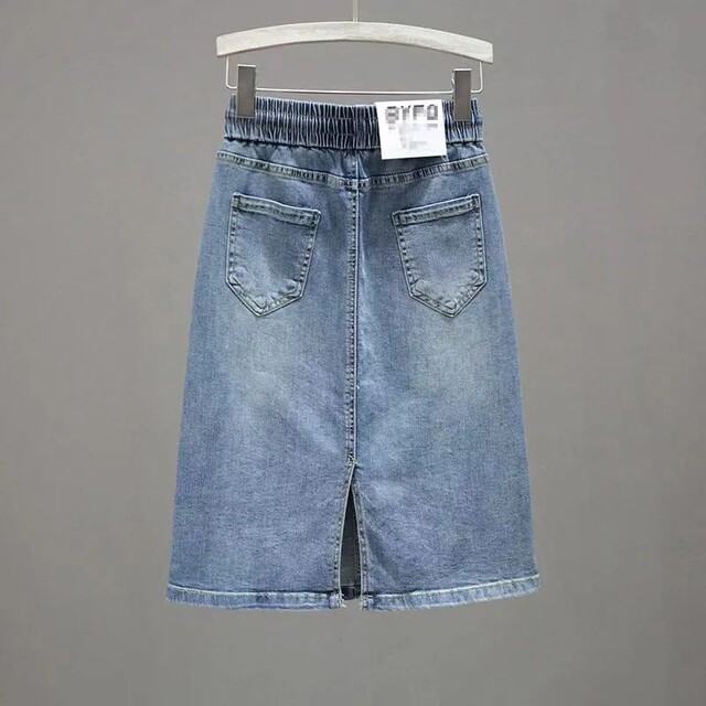 
2025 summer thin elastic waist tied denim skirt for women with a slit half-body midskirt, slim and versatile A-line skirt