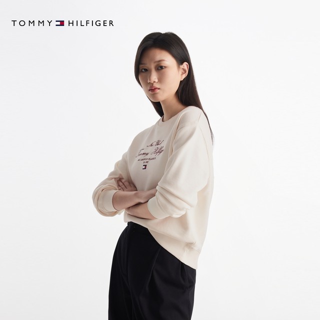 Tommy25 new spring and summer women's pure cotton letter embroidered hat-free round neck pullover sweatshirt 43844