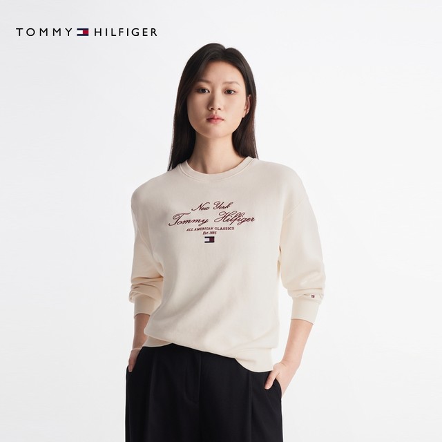 Tommy25 new spring and summer women's pure cotton letter embroidered hat-free round neck pullover sweatshirt 43844