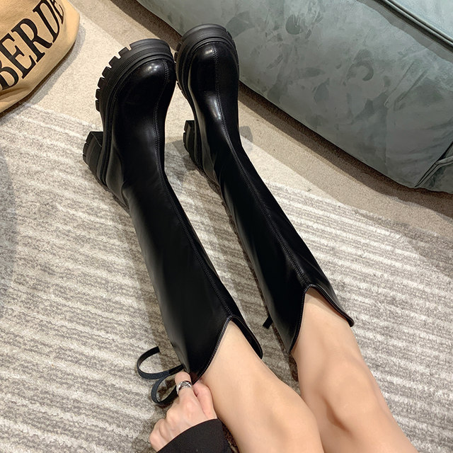 Long boots for women in spring and autumn small round toe retro high knight boots thick sole v mouth medium heel thick heel thin boots