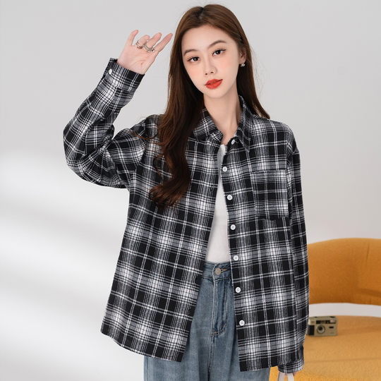 Baleno plaid lapel jacket spring loose and comfortable design niche casual versatile long-sleeved shirt for women J