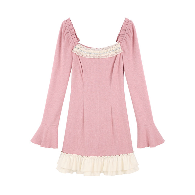 Bone ear pink square neck small fragrant style dress for women spring 2025 new design niche French doll skirt