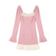 Bone ear pink square neck small fragrant style dress for women spring 2025 new design niche French doll skirt