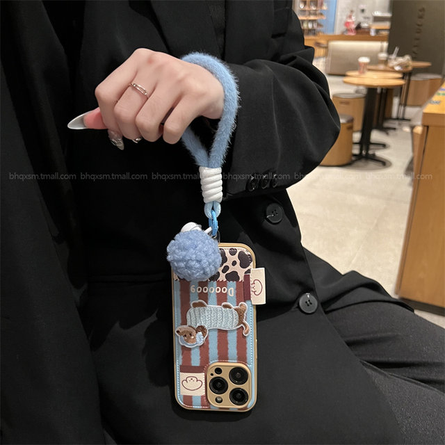 Blue brown leather pattern dachshund suitable for Apple 16promax mobile phone case iPhone17pro cute 15promax autumn and winter high-end 13pro cartoon 14pro protective cover 12pro female anti-fall