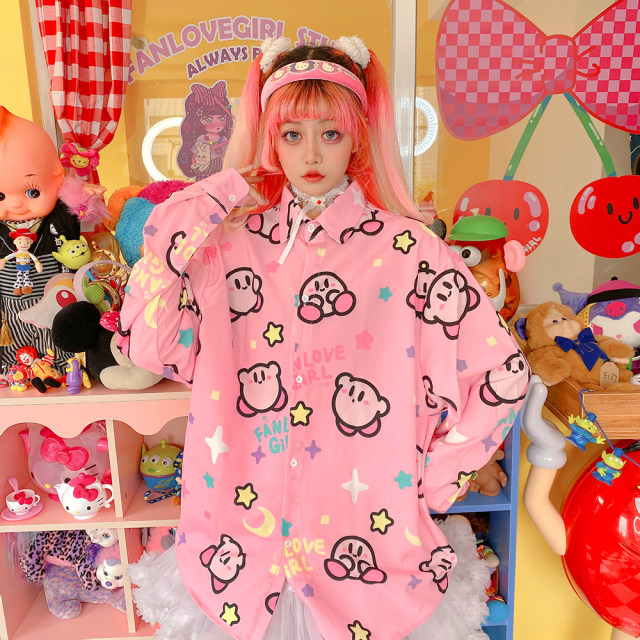 Exclusive original rice family cute Japanese original long -sleeved long -sleeved pink cartoon sweet soft girl shirt