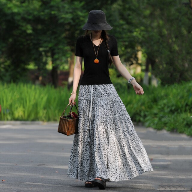 Suxin's new homemade floral long skirt A-line tie spring and summer cotton oversized dancing skirt