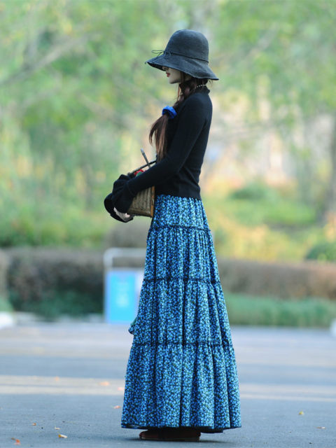 Su Xin's new style of floral long skirt, autumn and winter A-line lace-up oversized dance skirt and skirt