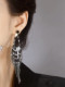 European and American style long black zircon tassel earrings 925 silver needle earrings high-end cold style exaggerated long earrings