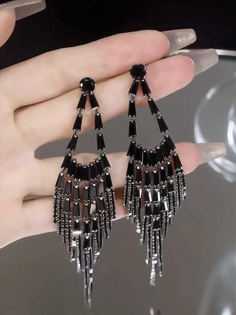 European and American style long black zircon tassel earrings 925 silver needle earrings high-end cold style exaggerated long earrings