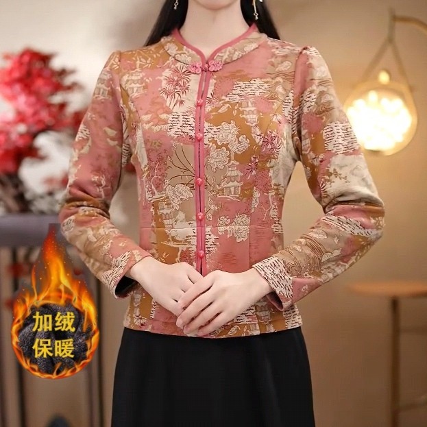
High-end temperament printed autumn and winter new fashion retro long-sleeved shirt plus velvet thickening warm and western style improved top