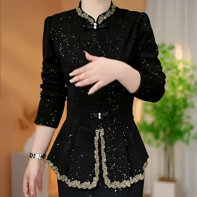 Autumn women's new Chinese style double button shiny shiny top for Autumn women's clothing without velvet