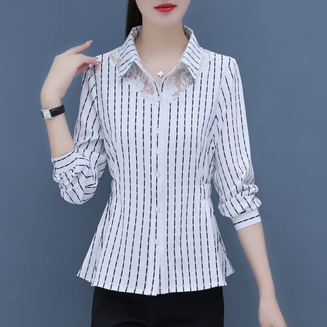 Lace shirt stripe long -sleeved shirt spring and summer dress new Korean version of fashion chiffon top female wild shirt ladies