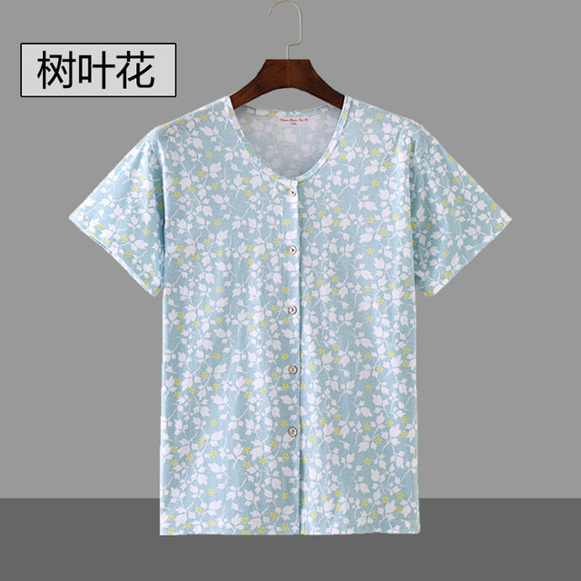 Middle -aged and elderly cotton cardigan short -sleeved ladies open pajamas.