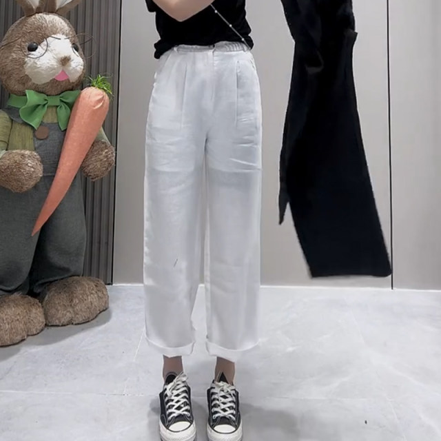 Large size women's clothing 2025 summer new high-waist thin white cropped pants fat mm hip-covering and slimming straight casual pants
