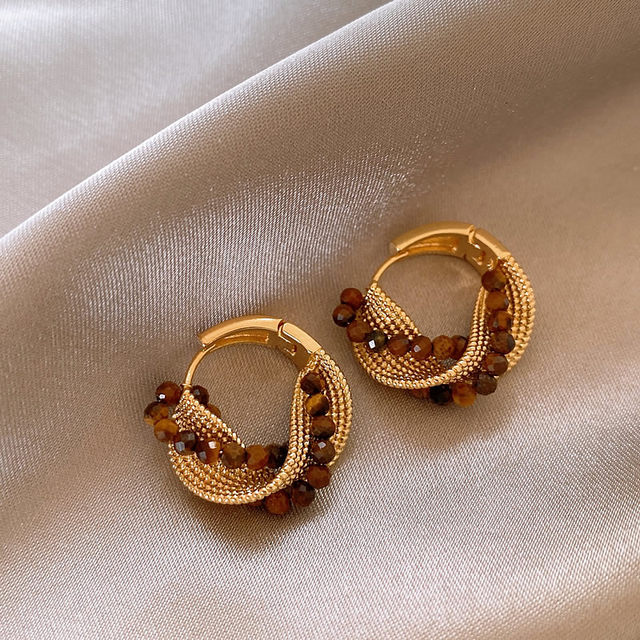Maillard Tiger Eye Stone Hoop Earrings Women's Light Luxury High-end Earrings Autumn and Winter Earrings 2025 New Retro Earrings