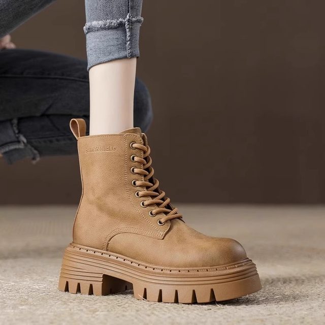 Genuine leather thick-soled Martin boots for women 2025 new autumn single boots British style motorcycle winter velvet short boots