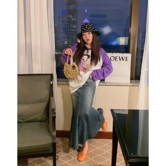 Dazi gold large diamond diamond denim skirt women's 2025 new spring high waist large size fat mm fish tail skirt long skirt